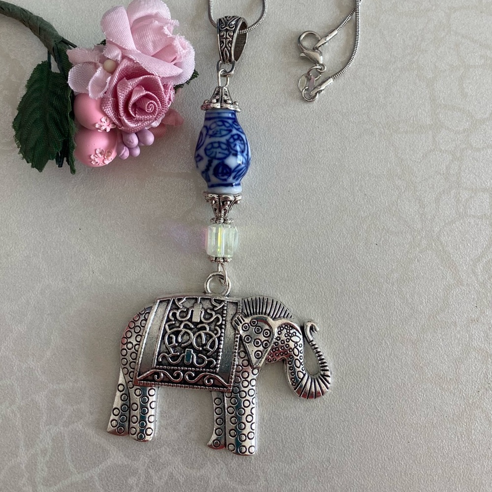 Silver Elephant Pendant with Blue Ceramic Bead and Sterling Silver Necklace